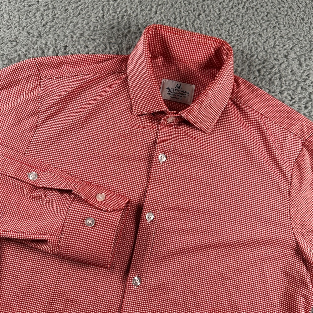 Mizzen Main Shirt Men's M Red Gingham Performance Button Up Trim Fit Flaw‎